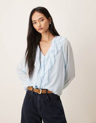 Vila Ruffle Frill Woven Blouse In Blue