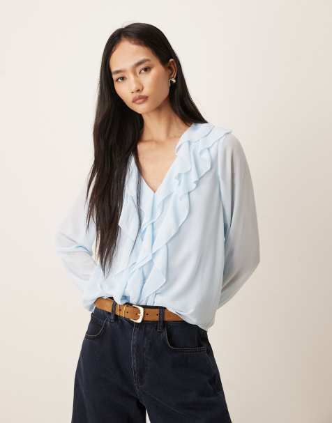 VILA ruffle frill woven blouse in light blue - view 1
