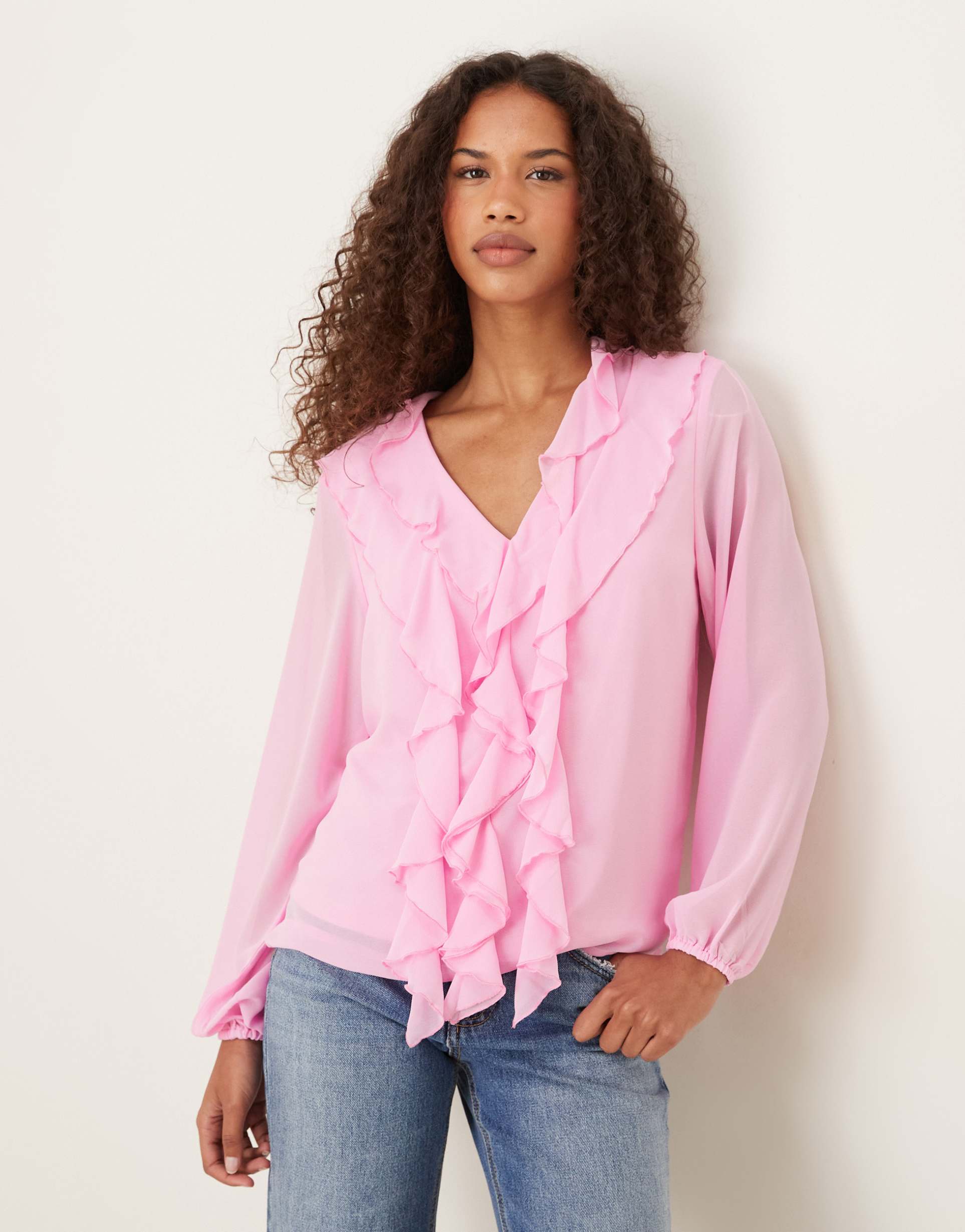 vila ruffle frill woven blouse in pink