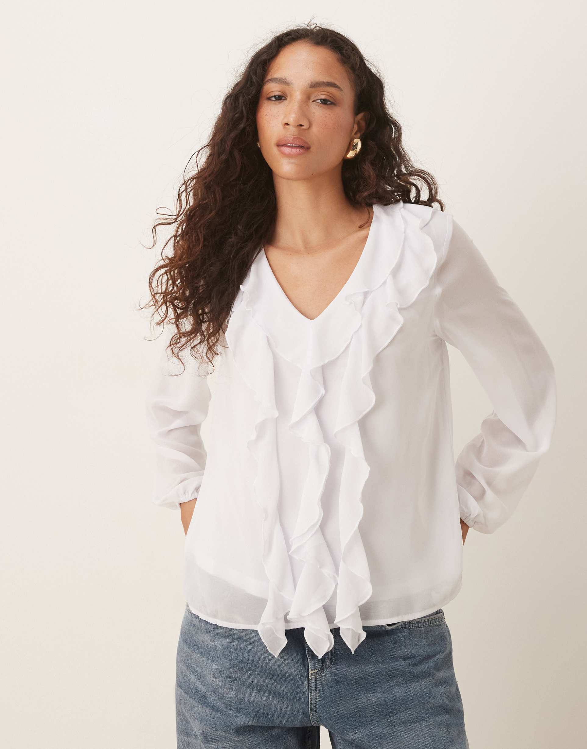 vila ruffle frill woven blouse in white