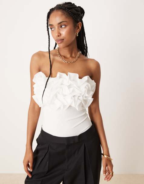 VILA ruffle front bodysuit in off white - view 1