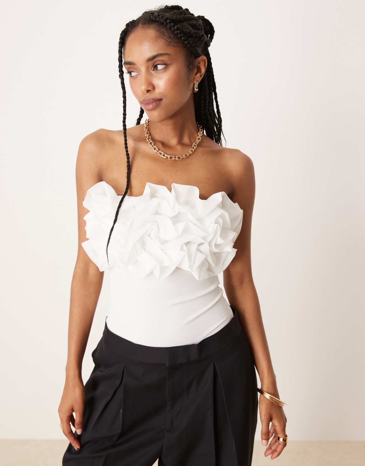 Vila ruffle front bodysuit in off white