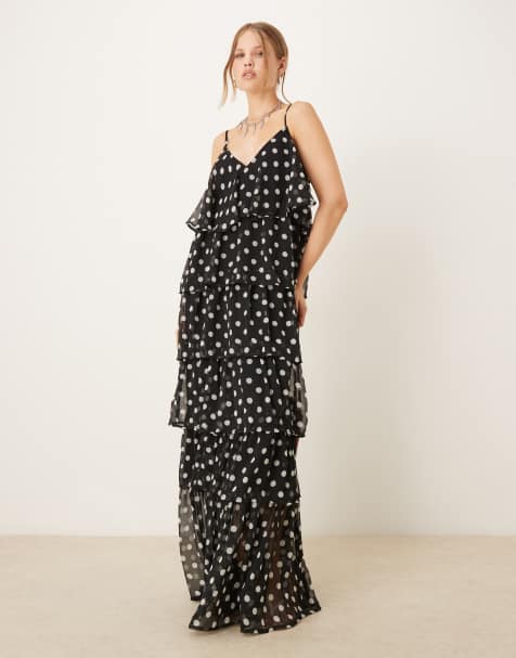 Vila ruffle maxi dress in black and white polka dot - view 1