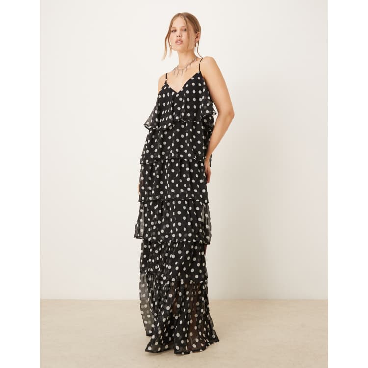 VILA ruffle maxi dress in black and white polka dot | ASOS