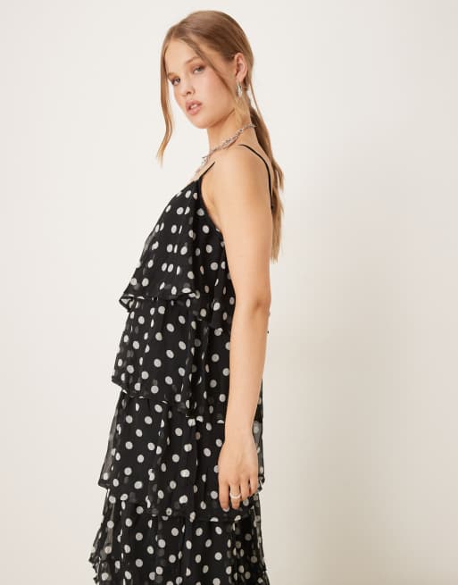ワンピース Tiered Polka-Dot Long Dress black M LTS Tall Black Chiffon Spot Tiered Maxi Dress | Long Tall Sally