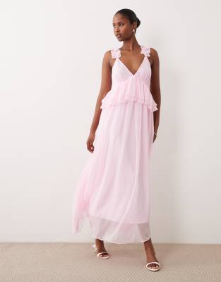 Vila Ruffle Strap Chiffon Maxi Dress In Pink