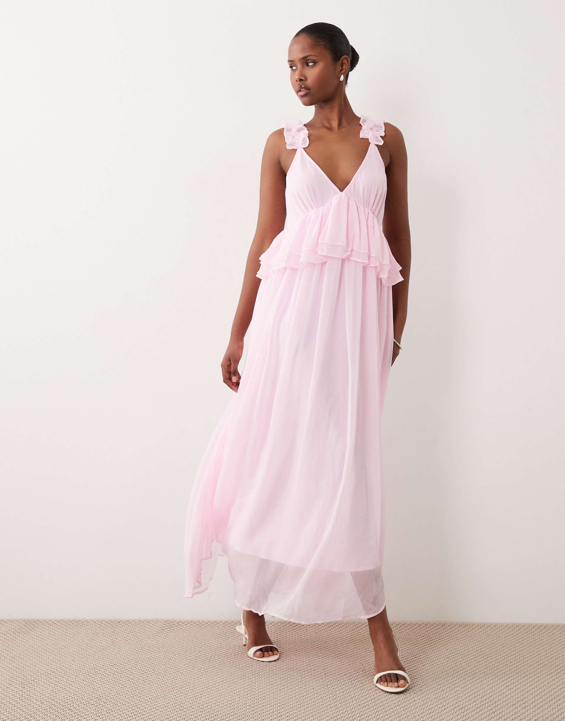 vila ruffle strap chiffon maxi dress in cherry blossom pink