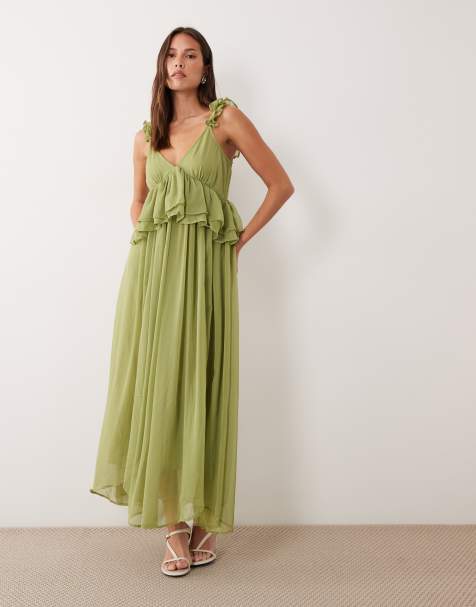 Vila ruffle strap chiffon maxi dress in deep sage