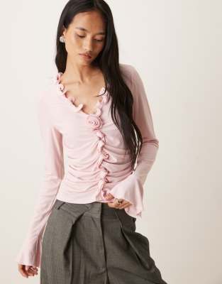 Vila Ruffle Trim Long Sleeve Top In Pink