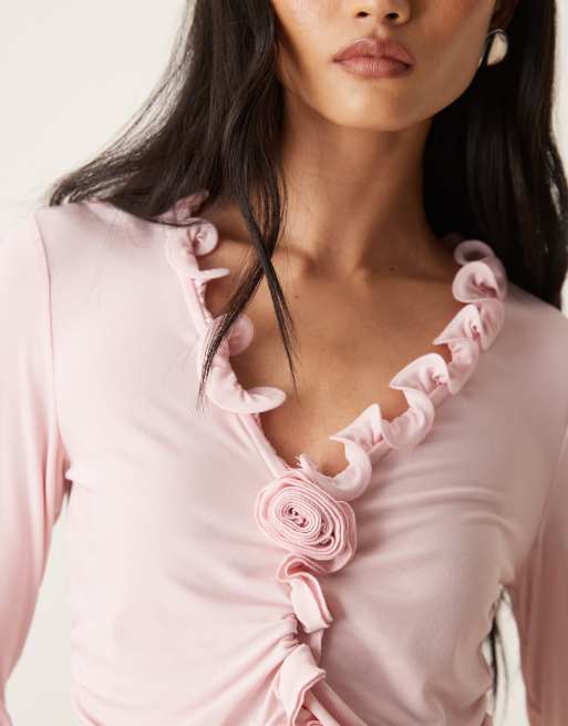 VILA ruffle trim long sleeve top in cherry blossom pink, 3 of 4