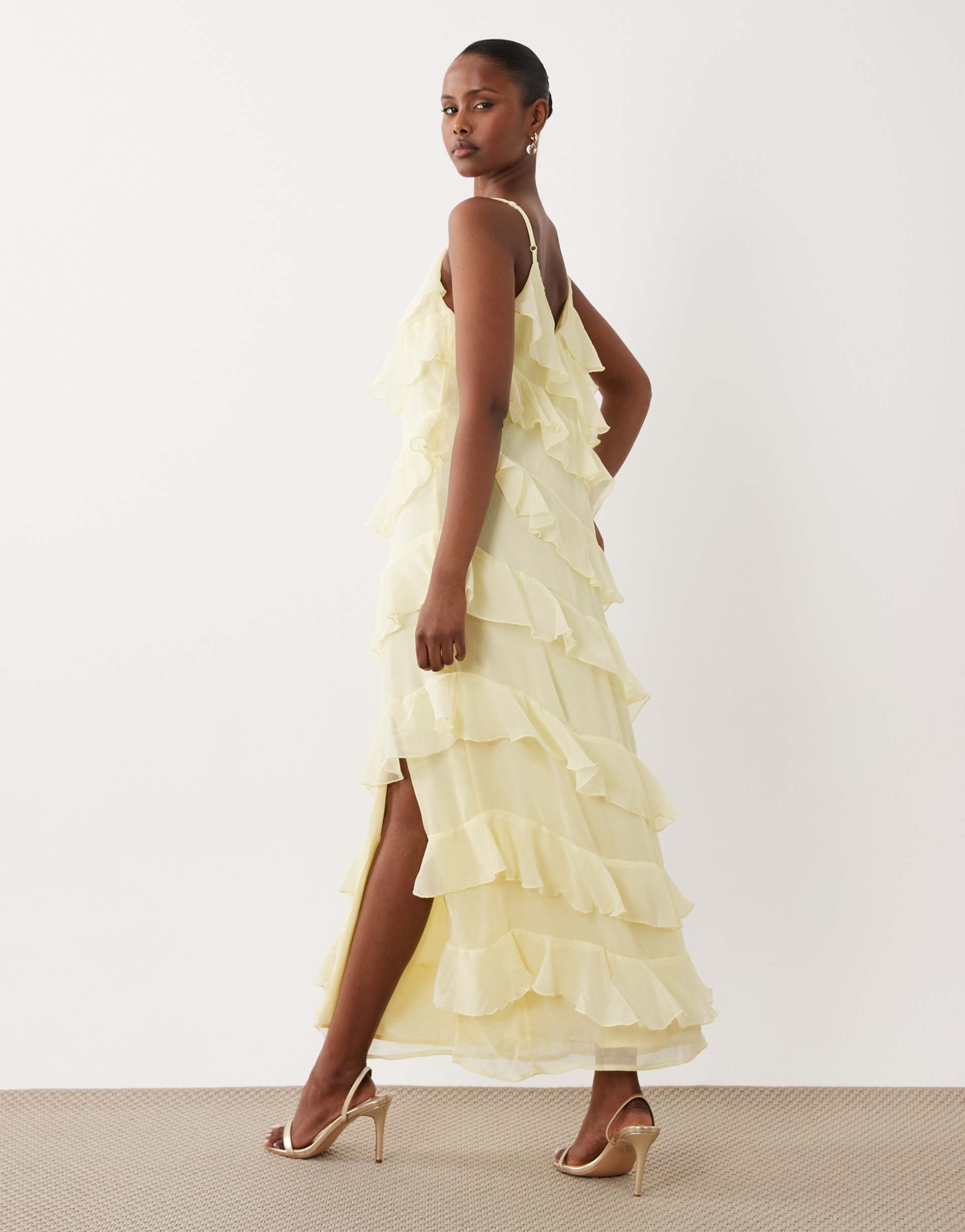 vila ruffled cami maxi dress with leg slit in pastel yellow