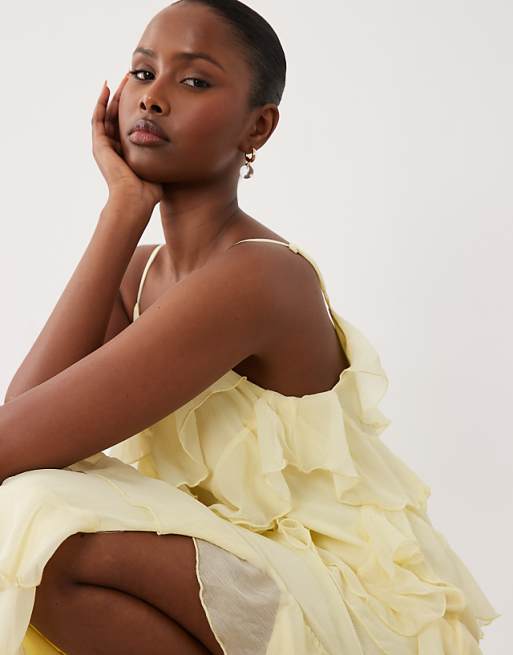 pastel yellow dress Vintage Ruffle Tiered A-Line Long Party Prom Dress DSProm Tulle Fabric Color Vila - Ruffled Cami Maxi