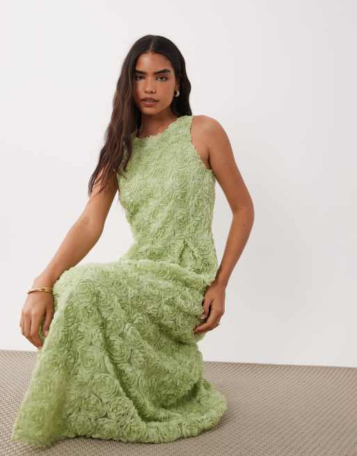 Vila – Salviagrön, blommig maxiklänning i jacquard, 2 av 4