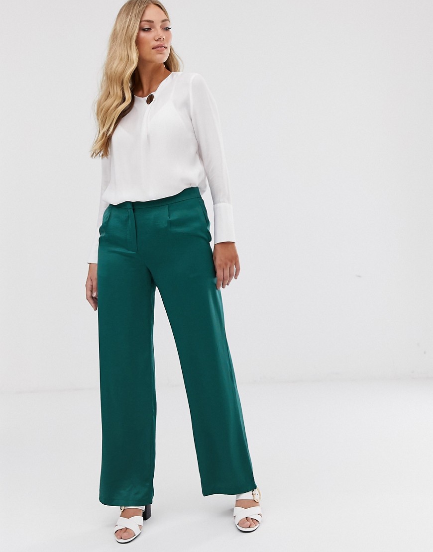 Vila - Satijnen pantalon met wijde pijpen-Groen