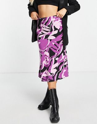 Vila satin bias cut midi skirt in purple print