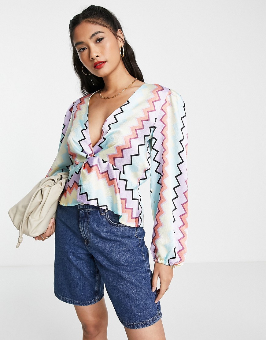 Vila satin blouse co-ord with twist front in pastel zig zag print-Multi