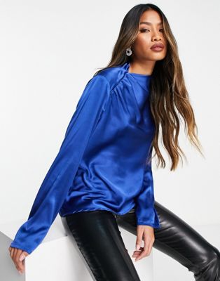 Vila satin blouse with ruched shoulder detail in bright blue - ASOS Price Checker