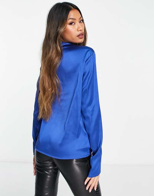 Vila satin blouse with ruched shoulder detail in bright blue