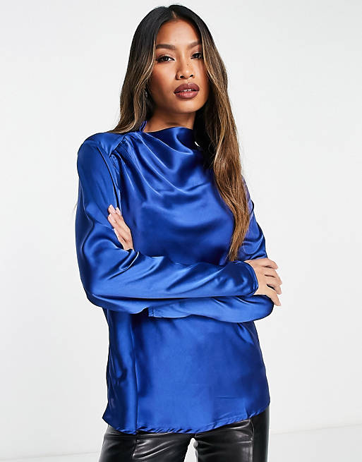 Vila satin blouse with ruched shoulder detail in bright blue | ASOS