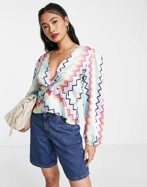 Vila satin blouse with twist front in pastel zig zag print - part