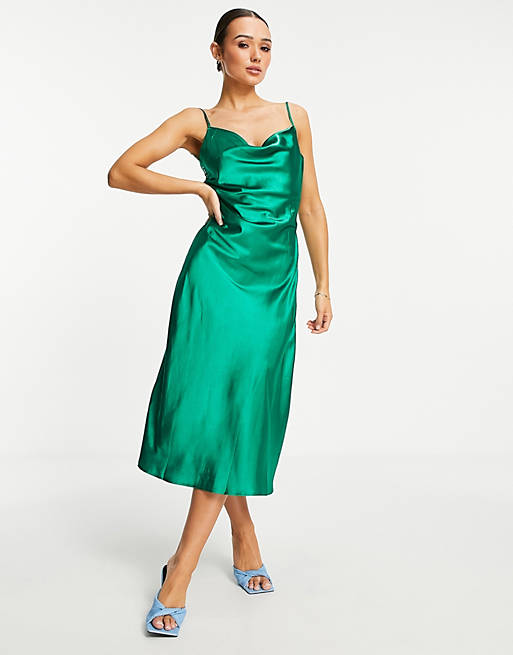 Vila satin cami dress with lace deep v back in bright green