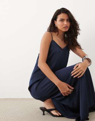 Vila Satin Cami Maxi Dress In Blue