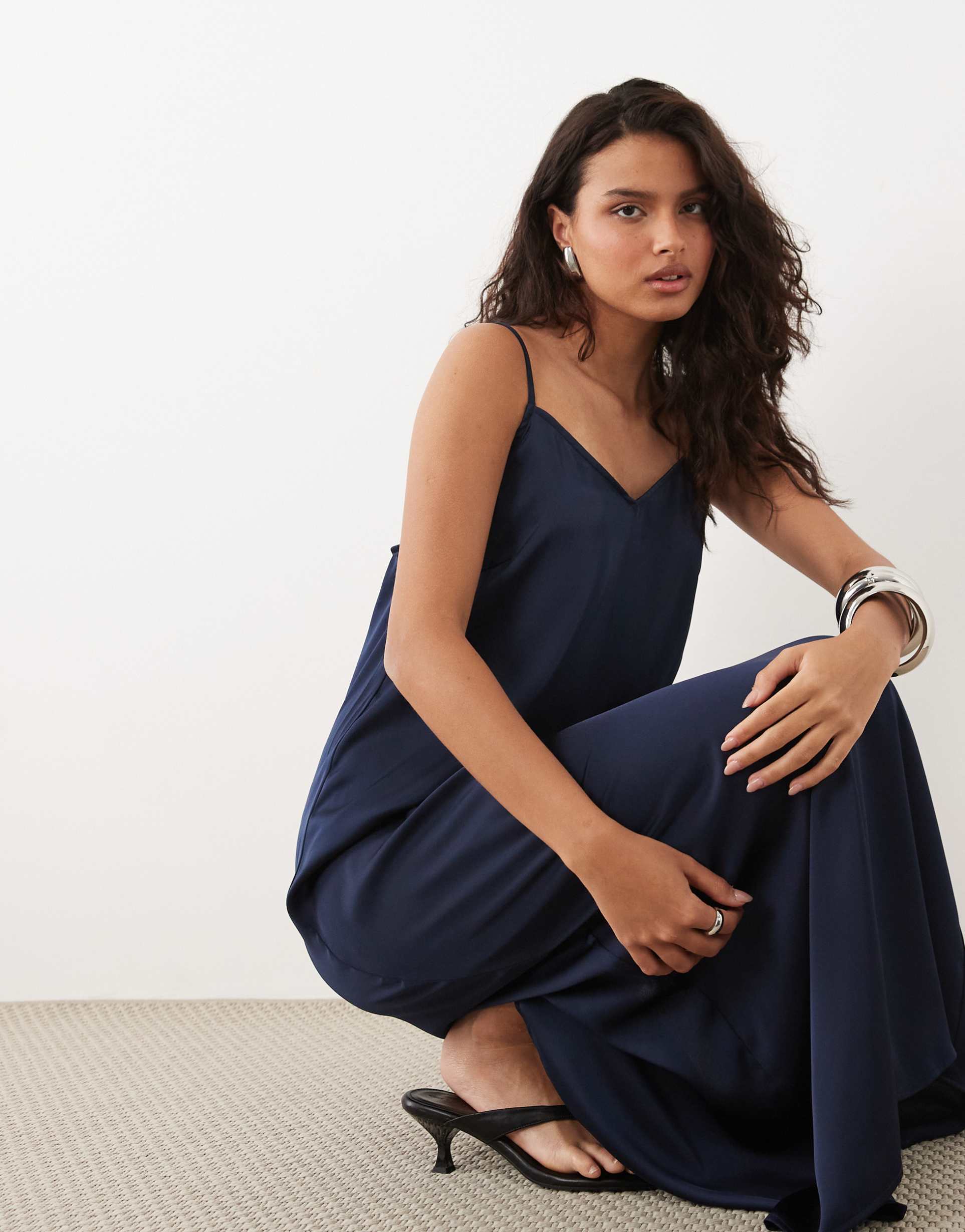 vila satin cami maxi dress in navy
