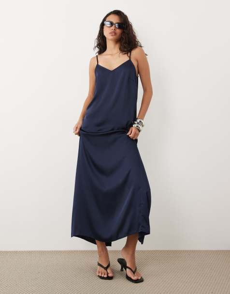 black chiffon embroidered dress Betsy & Adam Women's Embroidered Halter Gown - Navy/Gold