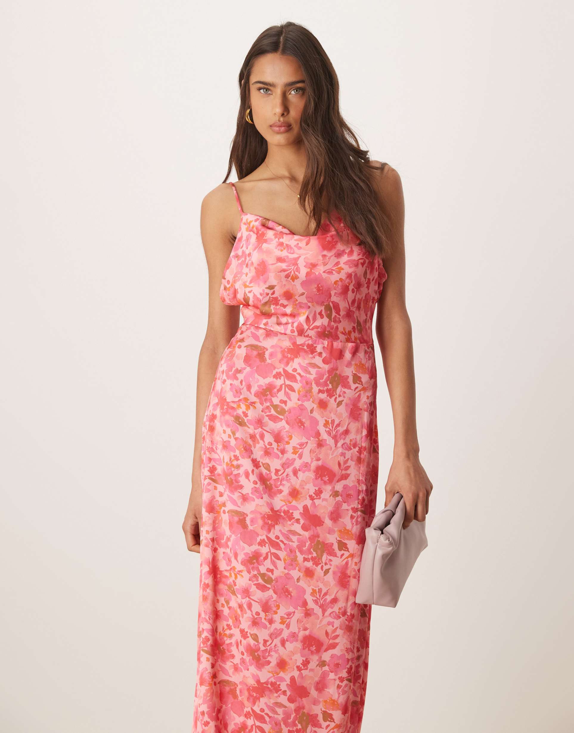 vila satin cami maxi dress in pink floral print