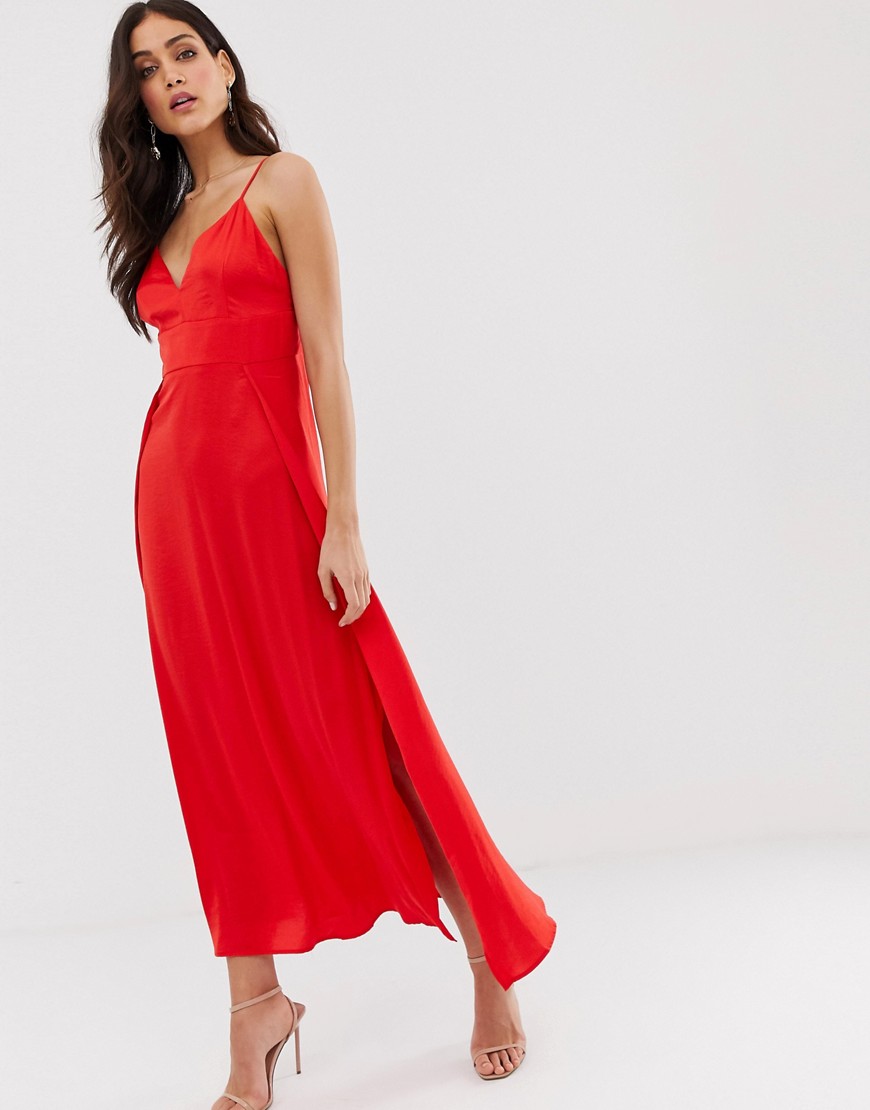 Vila satin cami maxi dress with side splits-Red