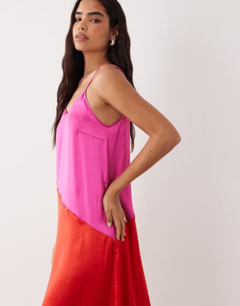 VILA satin cami midaxi dress in pink and red contrast - view 1