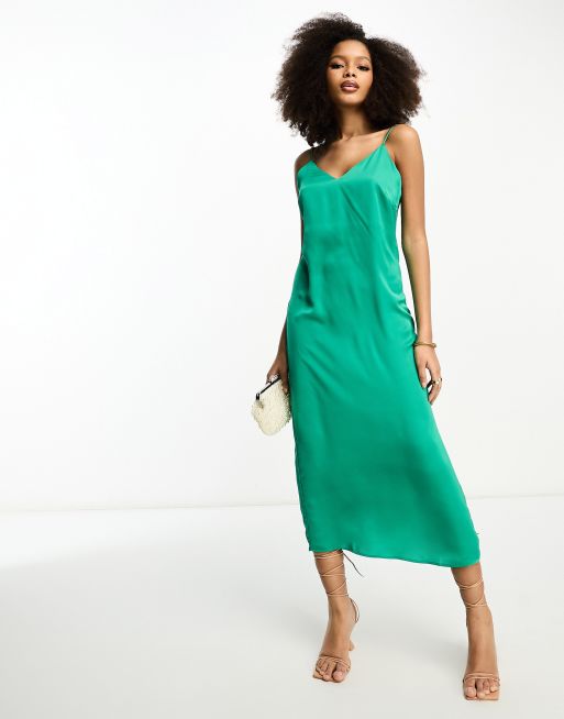 Vila satin cami midi dress in green