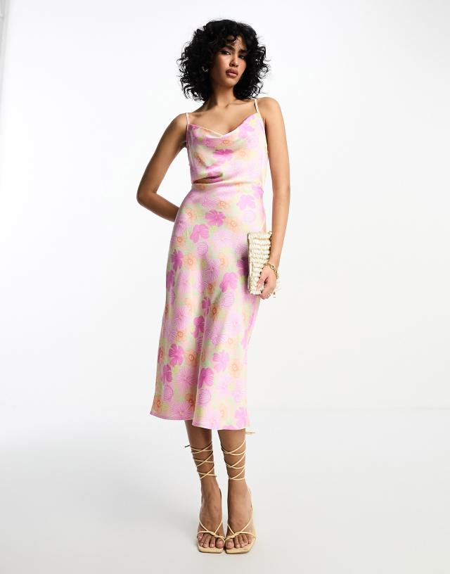 Vila - satin cami midi dress with tie back in pink floral