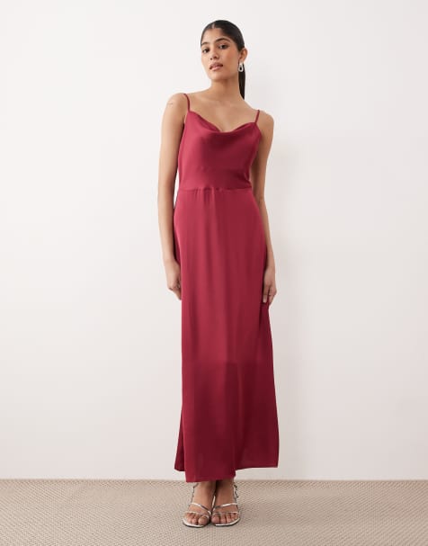 Vila satin cowl neck cami maxi dress in burgundy - view 1