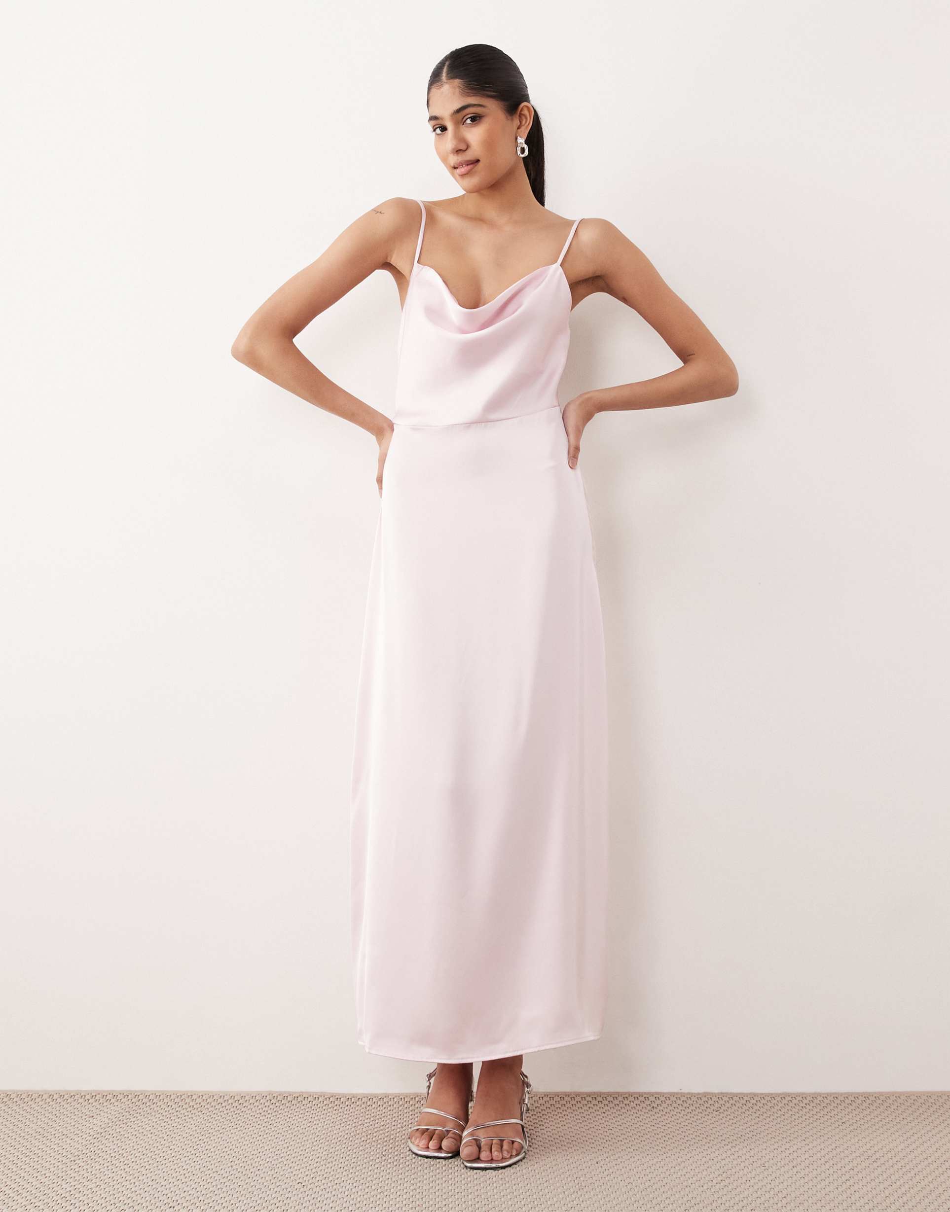 vila satin cowl neck cami maxi dress in cherry blossom