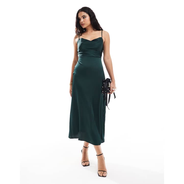 Vila satin cowl neck cami maxi dress in dark green | ASOS