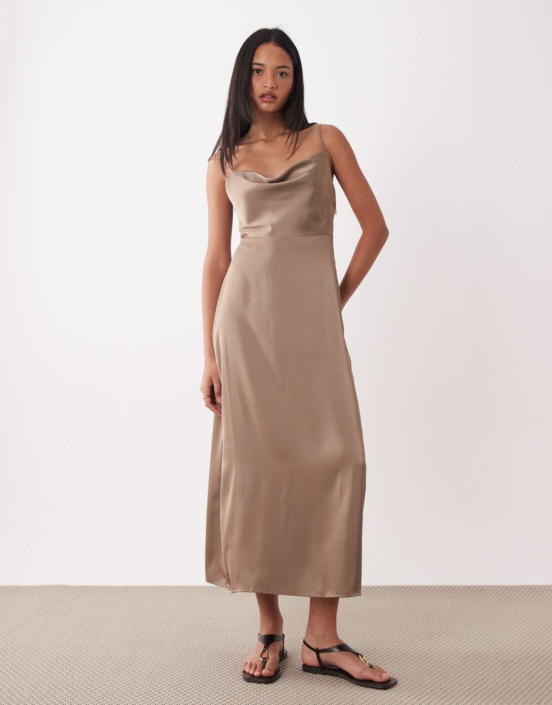 vila satin cowl neck cami maxi dress in taupe