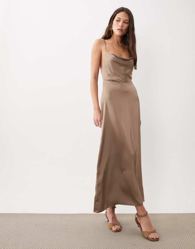 VILA satin cowl neck cami maxi dress in taupe | ASOS