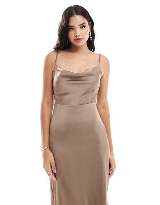 VILA satin cowl neck cami maxi dress in taupe | ASOS