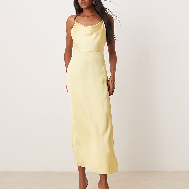 pastel yellow maxi dress Vintage 70s Bohemian Summer Cotton Gown, Retro Cottagecore Sun Dress | Size M Medium to L Large Cute Dress Elegant satin maxi dress designed specifically for tall frames Flattering V neckline frames the dcolletage beautifully Fluid silhouette with gentle draping that catches the light Subtle stretch in the fabric ensures comfort throughout the day Floor Yellow Lace Satin Maxi Dress
