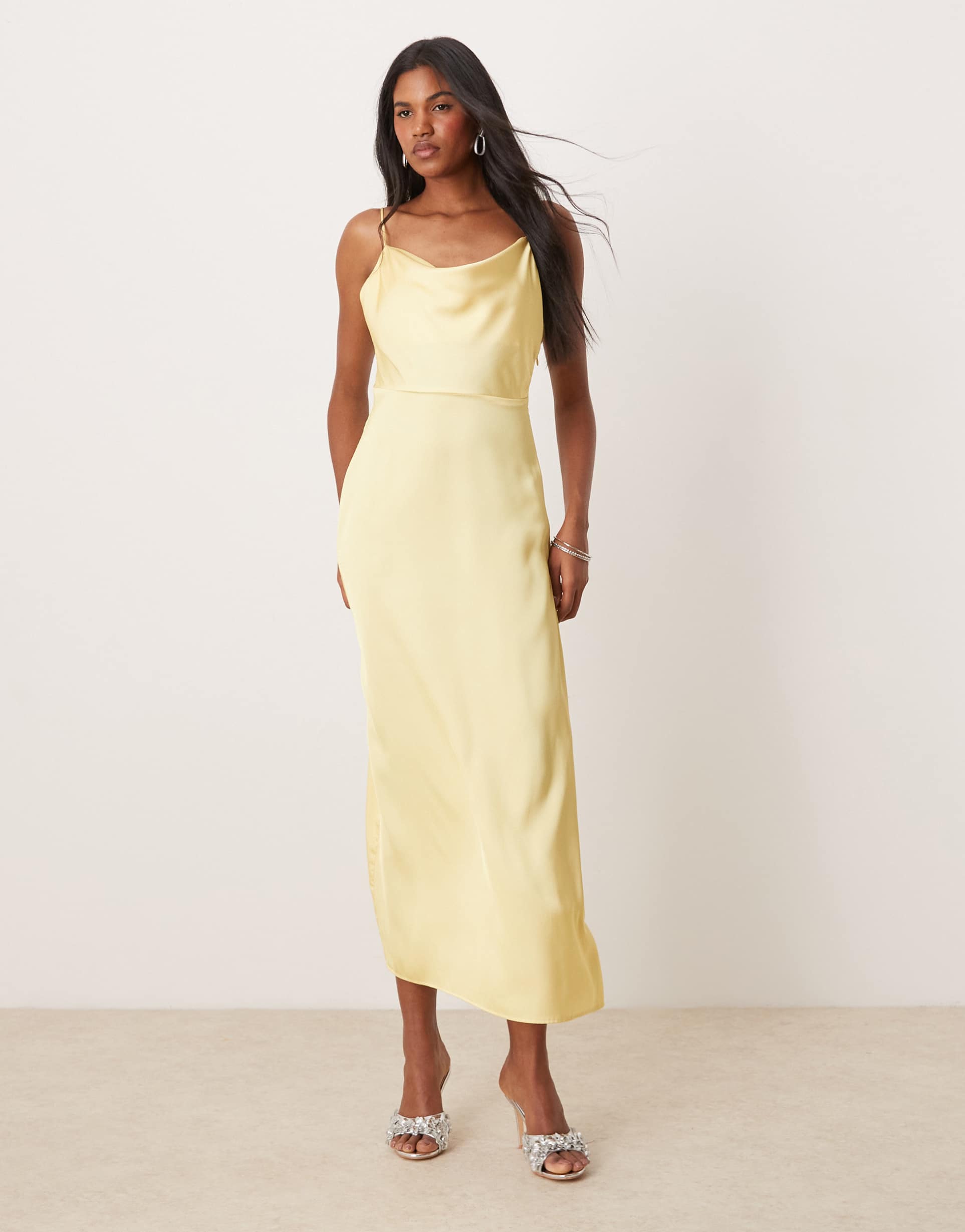 vila satin cowl neck maxi dress in banana yellow