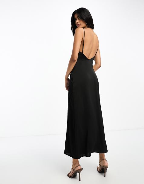 Black Satin Cowl Neck Draped Maxi Dress