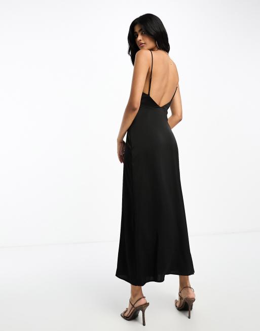 Black satin cowl neck maxi outlet dress