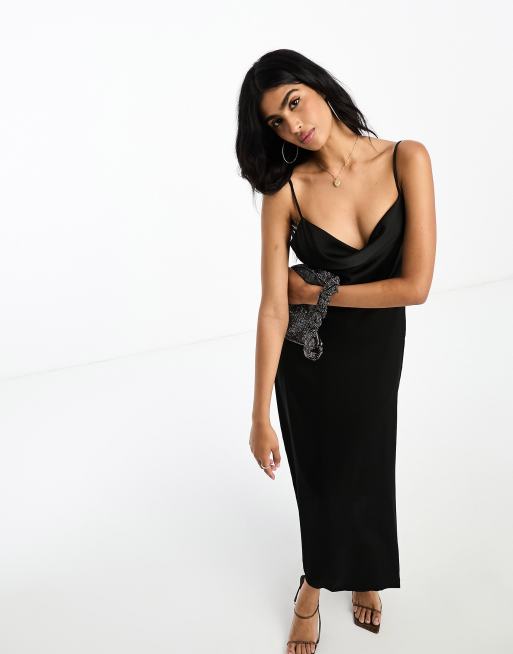 Black satin cowl neck maxi clearance dress