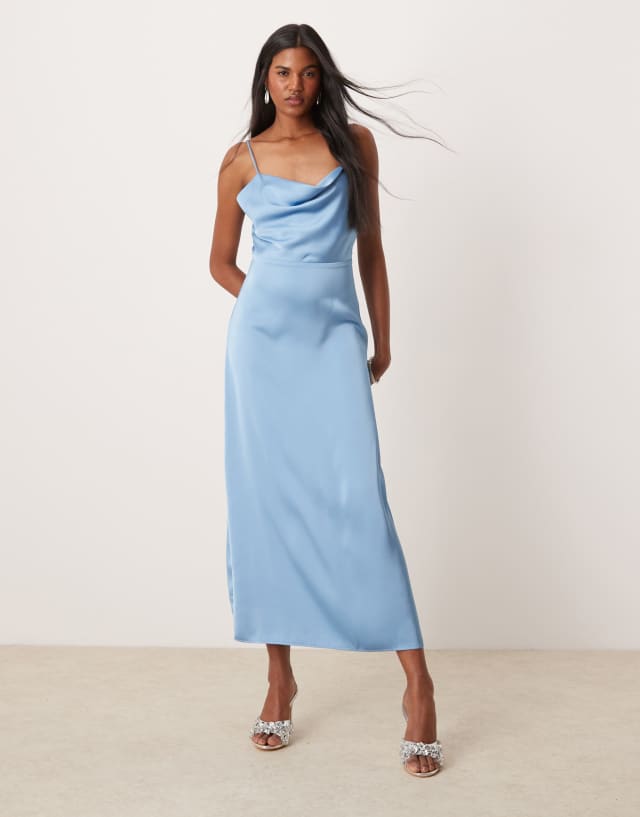 blue cowl neck slip dress Vila satin maxi in blissful A line dress | 21+ tie back strap Dress style:DRESS WITH BOLERO