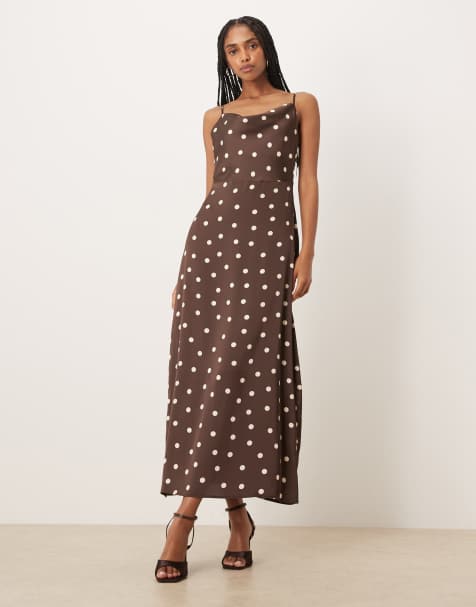 Vila satin cowl neck maxi dress in brown polka dot
