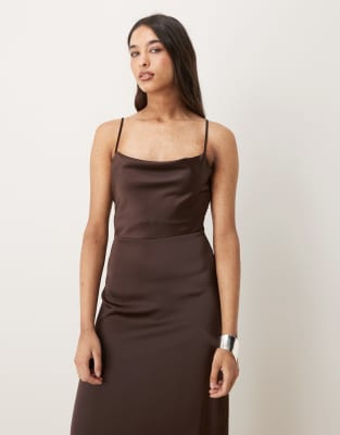 Vila Satin Cowl Neck Maxi Dress In Brown