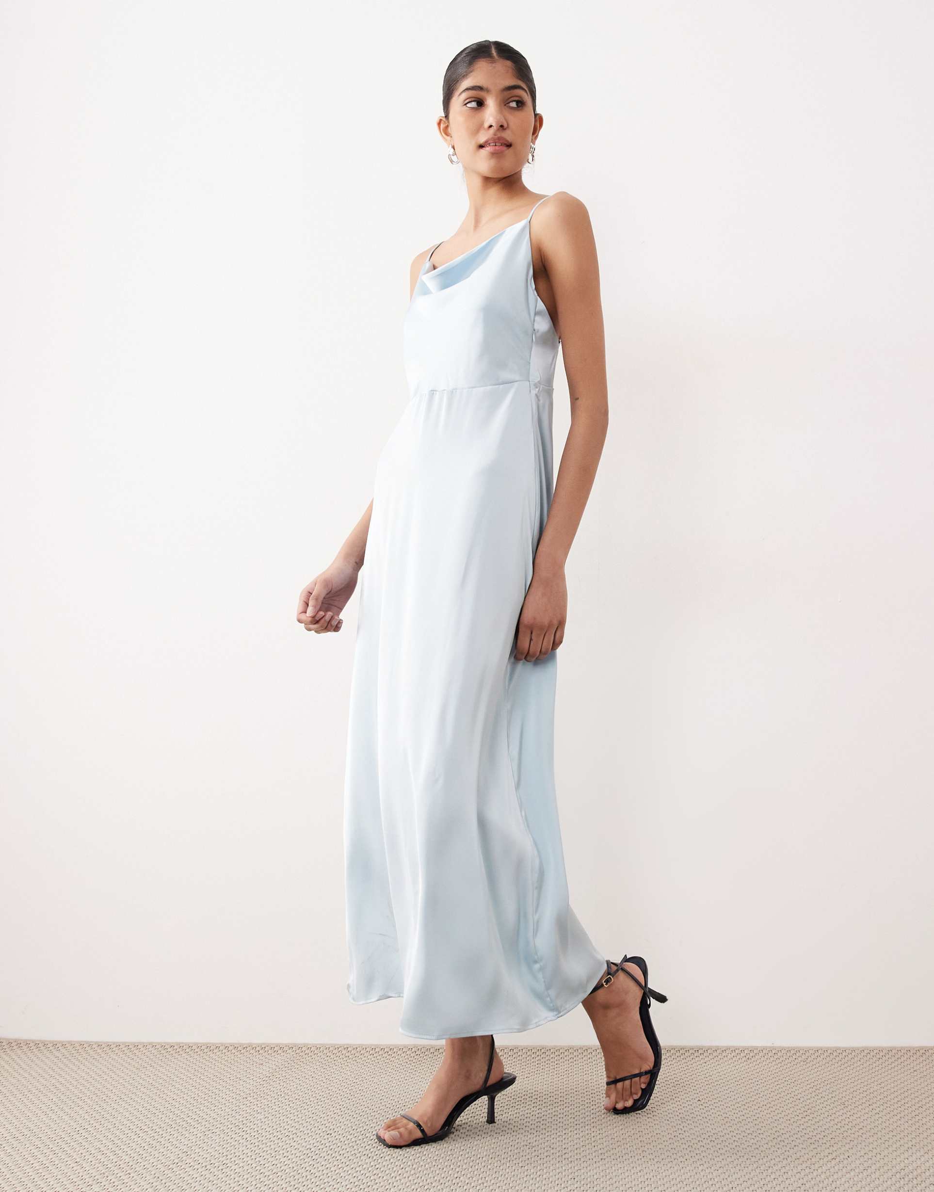 vila satin cowl neck maxi dress in light blue