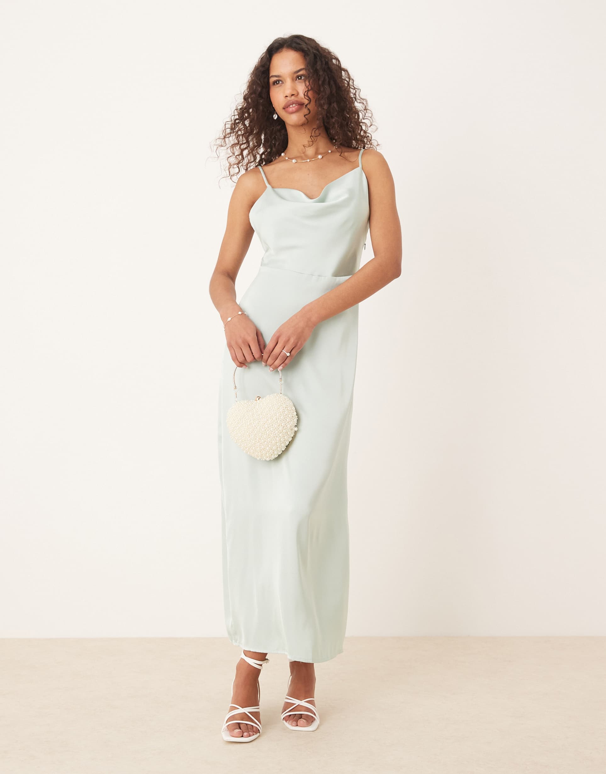 vila satin cowl neck maxi dress in light green