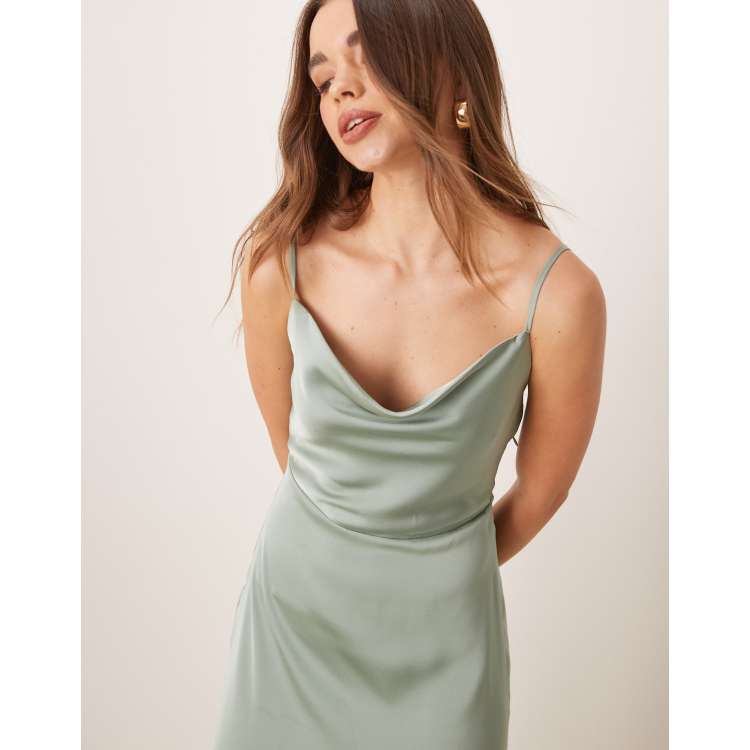 One-shoulder silk dress, green | 